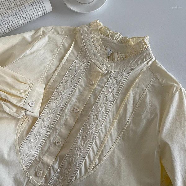 Женские блузки Абрикосовая футболка Шикарная вышивка Роза с принтом О-образный вырез с длинными рукавами Однобортные мягкие универсальные топы для поездок на работу