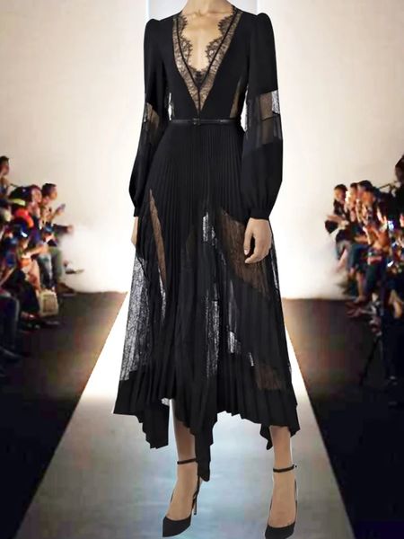 Moda pista vestido primavera outono feminino v pescoço renda chiffon cor preta assimétrico vestidos cinto sliming