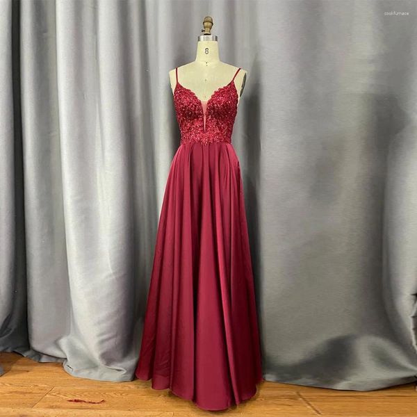 Vestidos de festa YQLNNE 2024 Borgonha Straps Long Prom Apliques Silk Cetim Back Zipper Vestido Formal para Mulheres
