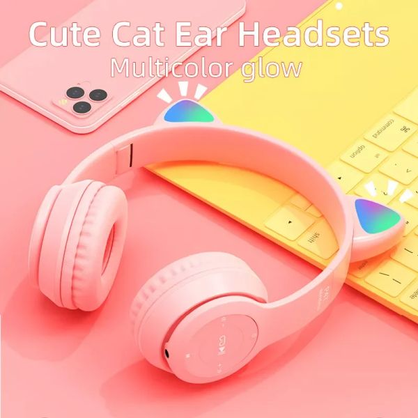 Cuffie/Auricolari Bluetooth Cuffie auricolari pieghevoli per gatti Cuffie wireless per gattini per bambini con microfono illuminato per tablet da viaggio scolastico per ragazzi e ragazze