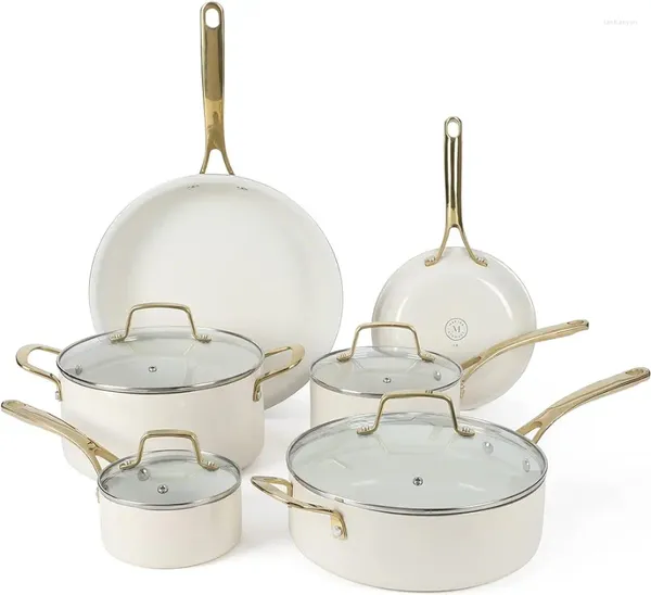 Kochgeschirr-Sets Martha Stewart Lockton Premium antihaftbeschichtete, PFA-freie Keramik-Innenseite, 10-teilig, schwere Emaille-Aluminium-Töpfe und Pfannen, Se