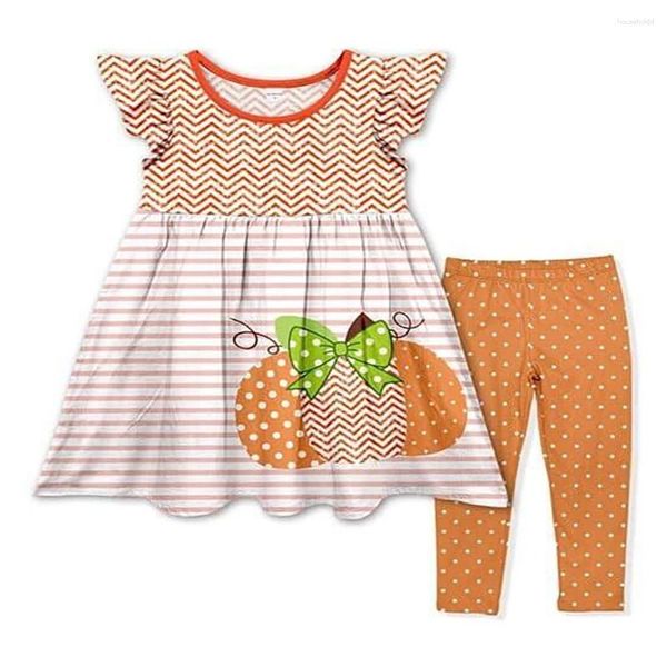 Conjuntos de roupas Halloween Girl Dress Pequeno Flying Sleeve Style Set Abóbora Padrão Calças Roupas