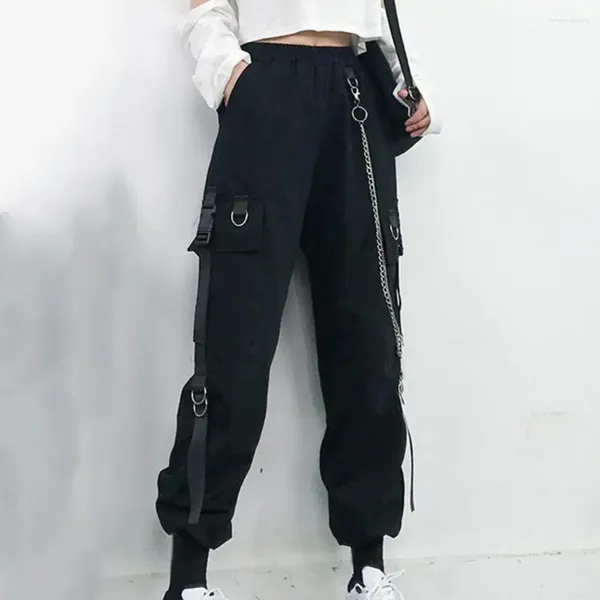 Pantaloni da donna Donna Cargo Harajuku Elastici a vita alta Harem Punk Multi tasche Decorazione a catena Pantaloni da jogging Hip Hop Streetwear