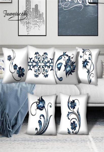 Almofada decorativa fuwatacchi azul escuro floral impresso capa de almofada flor po fronha decorativa para decoração de casa sofá se9058342