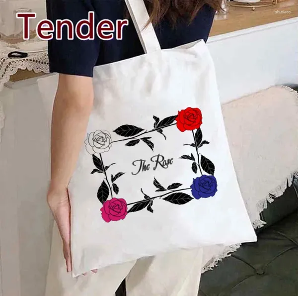 Einkaufstaschen Kpop Shopper Tasche The Rose Band Print Canvas Tote Hüfte Handtaschen Frauen Harajuku Schulter Korea Stil