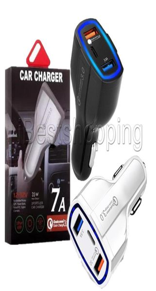 Carregadores de carro de 3 portas 35W 7A com tecnologia QC 30 tipo C e carregador rápido USB para celular GPS Power Bank Tablet PC6731063