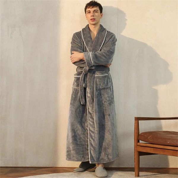 Homens sleepwear cinza homens roupão quente noite vestido longo chuveiro robe inverno grosso flanela casual solto casa roupas