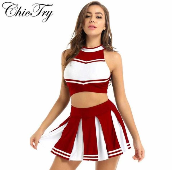 Donne Adulti Ragazze della scuola Abiti Cheerleader Costume sexy Imposta uniforme Abito senza maniche Crop Top con mini gonna a pieghe X06261287649