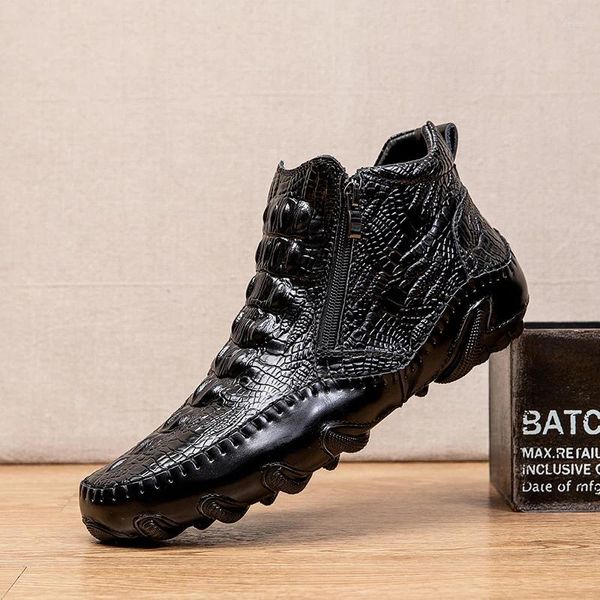 Sapatos de vestido Crocodilo Padrão Masculino Couro Britânico Médio Top Botas Curtas Grande Zapatos de Hombre Inverno Quente Masculino Bota