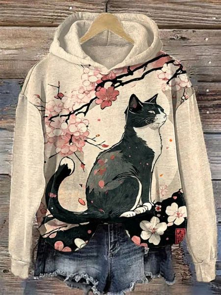 Moletons de gato japonês gráfico impresso moletom com capuz feminino outono inverno moda harajuku roupas femininas kawaii mulher suéteres