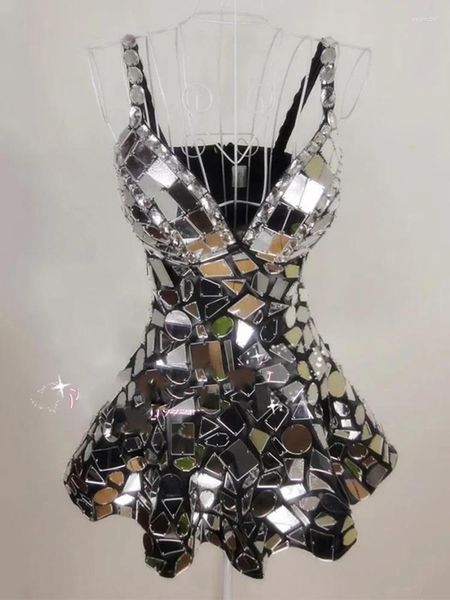 Bühne tragen 2024 Silber Spiegel Kleid Sexy Kostüm Frauen Festival Outfit Nachtclub Bar Sänger DJ Leistung Kleidung Handmade