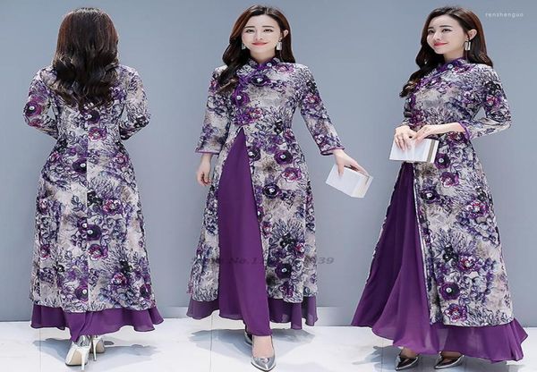 Abbigliamento etnico 2022 Vietnam Ao Dai Abito da donna Tradizione cinese Cheongsam Qipao Plus Size Stampa floreale viola Stile slim Elegante9854708