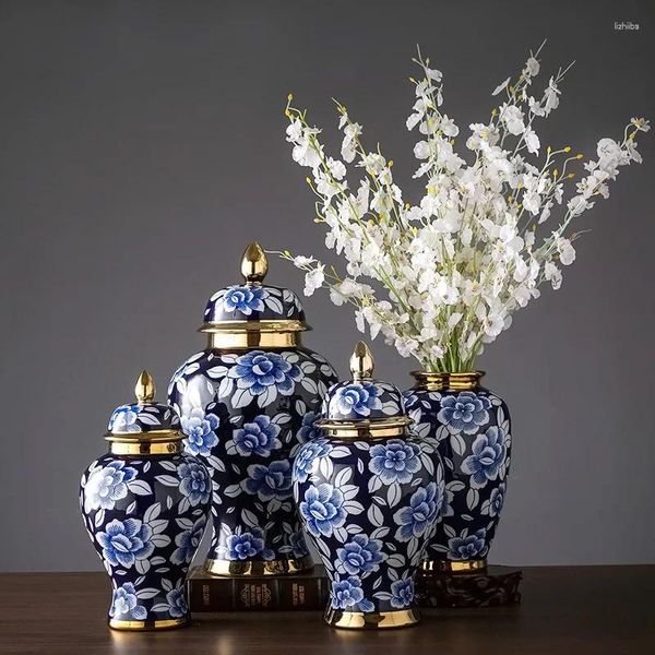 Garrafas Jingdezhen Porcelana Templo Jar Vaso Estilo Chinês Sala de estar Azul e Branco Gengibre