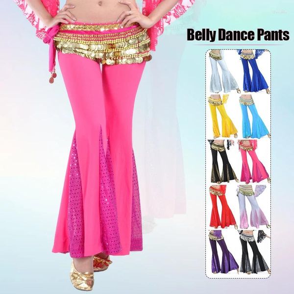 Abbigliamento da palco Pantaloni da danza del ventre da donna Pantaloni svasati con paillettes Costume da principessa Bollywood in chiffon di pizzo