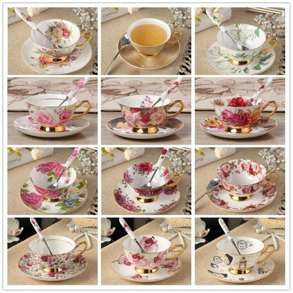 Elegantes Knochenporzellan-China-Tee-Kaffeetassen- und Untertassen-Löffel-Set aus Keramik im britischen Stil Nachmittagstee-Tassen-Set Gift294c
