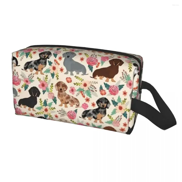 Borse per cosmetici Borsa da toilette personalizzata Doxie Florals Bassotto per donne Amanti dei cani salsiccia Organizzatore di trucco Custodia per kit Dopp per signora