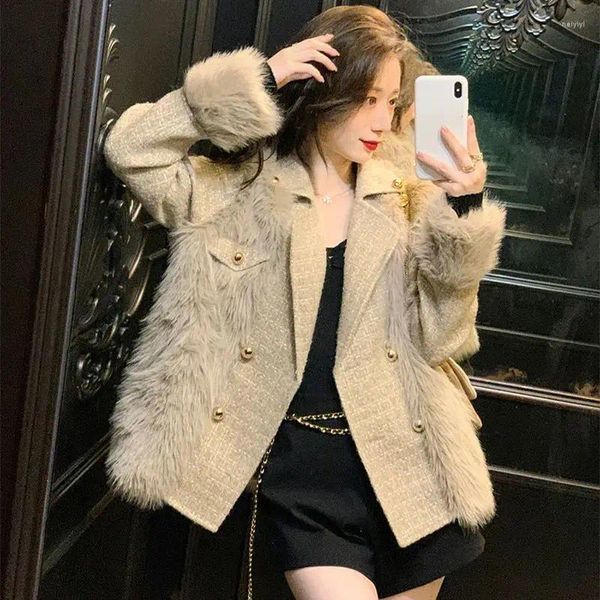 Damenjacken Herbst Winter Nachahmung Pelzmantel Frauen Elegante Zweireiher Goldene Knöpfe Tweed Anzugjacke Kleiner Duft Blazer Q874