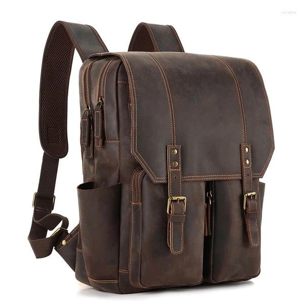 Mochila Highend Vintage Brown Top Grão Genuine Crazy Horse Couro A4 15.6 '' Laptop Mulheres Homens Couro Masculino Saco de Viagem M6586