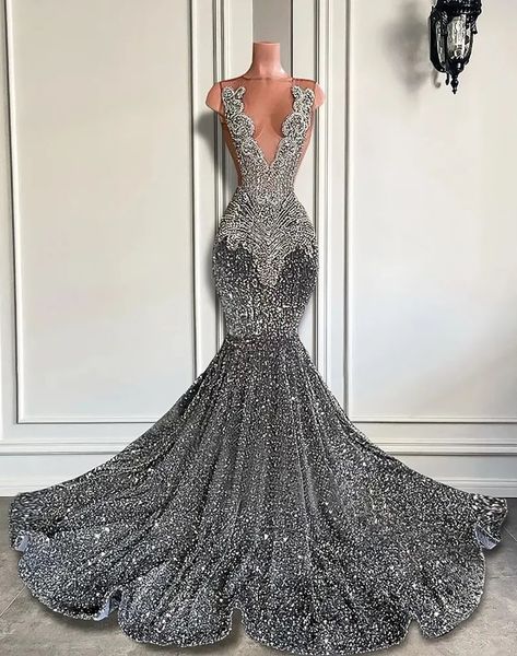 Ballkleider, Abendkleid, Party, formal, Meerjungfrau, Trompete, ärmellos, individueller Reißverschluss, Schnürung, Übergröße, neu, Perlen-Pailletten, O-Ausschnitt, silbergrau, Kristall