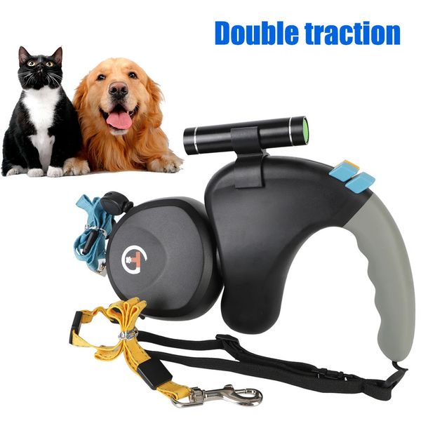 Cintura per corda da trazione per animali domestici Doppia rotazione del guinzaglio per cani Retrattile con doppia luce per 2 cani che camminano 240226