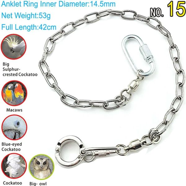 Addestramento ebamaz Pet Bird Guinzaglio Catena per pappagalli Anello per cavigliera in acciaio inossidabile 304 (modello 15, 14,5 mm)