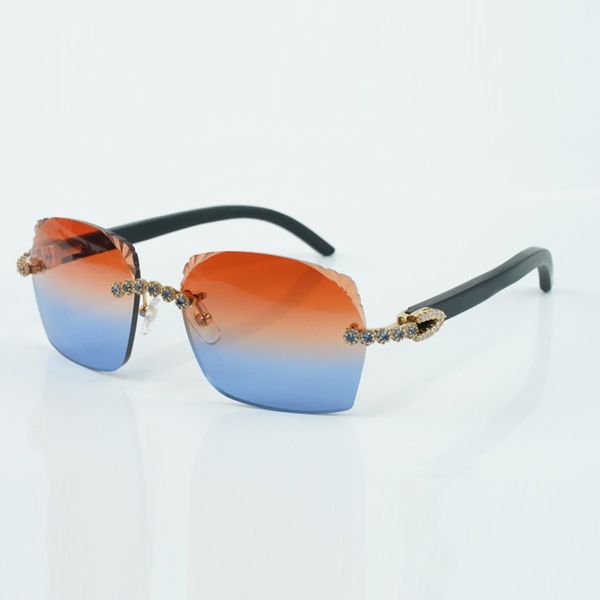 Modisches neues Produkt, Sonnenbrille 3524018 mit blauem Straußdiamanten und Schliff, mit naturschwarzen Holzbügeln und einer Linsenstärke von 3,0 mm