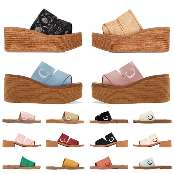 Wedges Designer-Sandalen für Damen mit Plattform, flache Pantoletten, besticktes Leinen, Beige, Schwarz, Weiß, Rosa, Wolke, weiche Hausschuhe für Damen, Sandale, Strandschuhe, Slider mit niedrigem Absatz