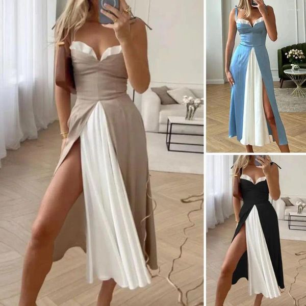 Vestidos casuais mulheres vestido de baile v pescoço alto split hem mid-bezerro comprimento rendas até sem mangas sem costas cintura bola banquete midi