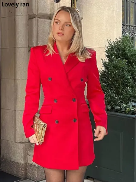 Miscele Donna Natale Cappotto corto in lana rosso brillante Autunno Inverno Moda Giacca doppiopetto con risvolto Cappotto da donna con tasche per Capodanno