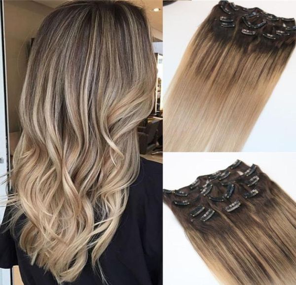 418 8A 7pcs 120 gramas Clipe em extensões de cabelo humano Ombre Raiz marrom escuro para cinza loiro Balayage Destaques Hairstyle7454569