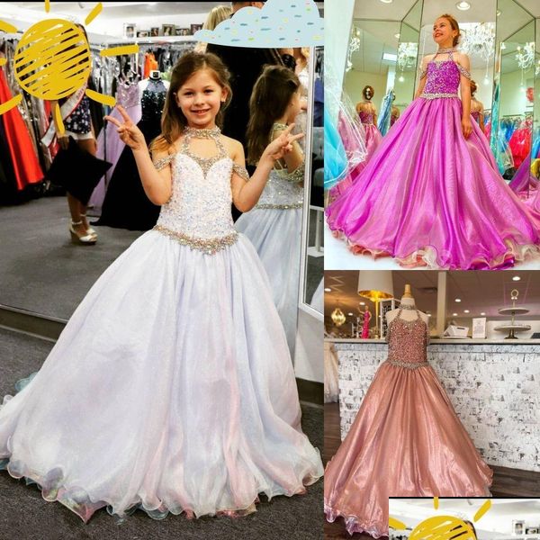 Mädchen-Festzug-Kleider 2023 Mädchen in Übergröße, Reißverschluss, Neckholder, echtes Bild, Perlen, Organza, kleines Mädchen, Geburtstag, Junior-Abschlussballkleid, Cr Dhj2B