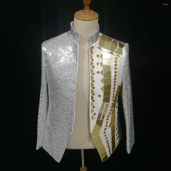 Abbigliamento da palco Ballerino Performance Discoteca Bar Costume Specchio dorato Cristalli Uomo Blazer Paillettes brillanti Colletto alla coreana Cappotto con cerniera Cantante