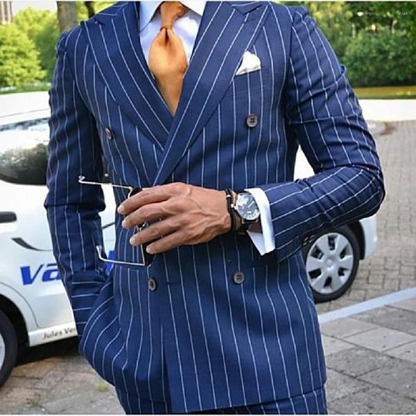 Ternos masculinos de luxo azul duplo breasted pico lapela listra padrão fino ajuste roupas de escritório elegante 2 peça jaqueta calças alfaiate