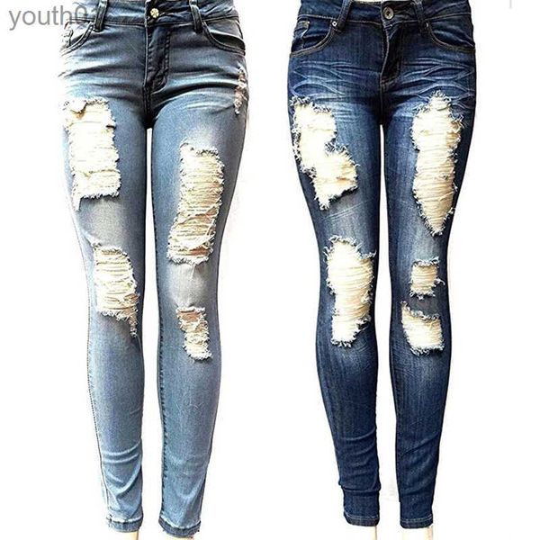 Jeans da donna Jeans strappati con buco skinny da donna Pantaloni Baggar da donna di nuova moda Jeans da motociclista in denim fidanzato di alta qualità Pantaloni a matita femminile 240304