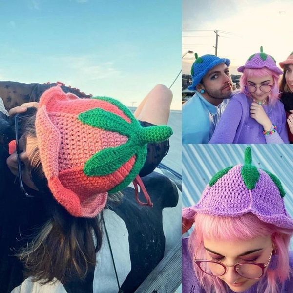 Berets Gestrickte Beanie Hut Für Frauen Y2K Schöne Frucht Häkeln Woolen Garn Mädchen Kappe Mode Weibliche Teenager Kopfbedeckungen