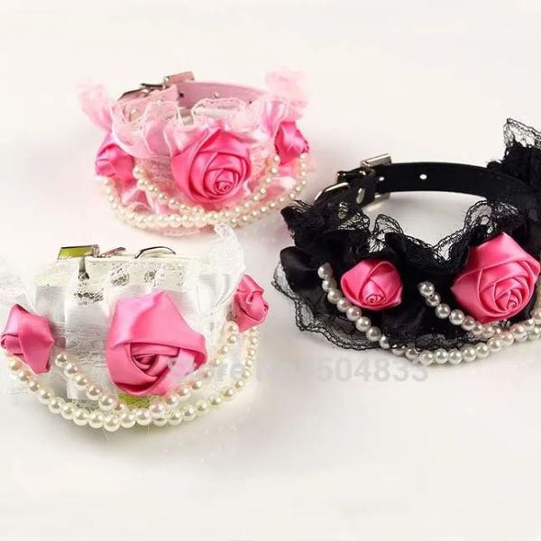 Colares 3 Flores Lace Dog Collar Luxo Pérolas Cat Pets Collar Pu Couro Preto Rosa Branco S M