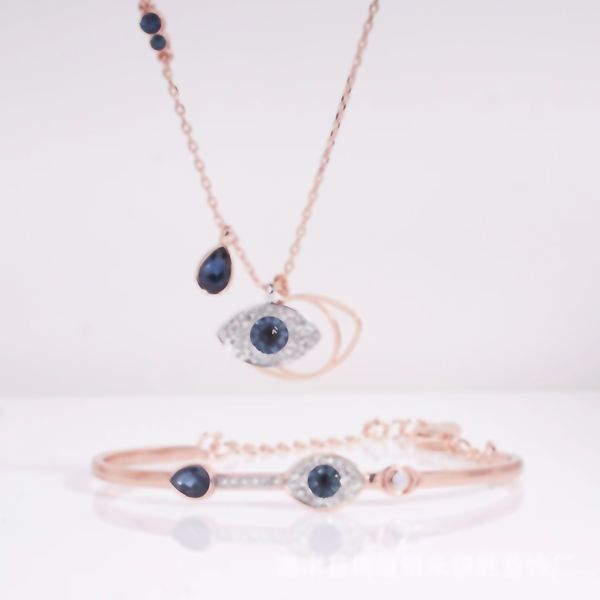 Conjunto de pulseira de olho azul de ouro rosa com corrente de clavícula de designer Devil's Eye