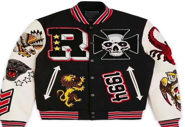 Varsity-Jacken für Männer, genäht, Letterman-Schädel, Sport, Baseball-Kragen, Lederärmel, Streetwear, Hip-Hop-Bomber, Friedensoberteile, Mäntel 5873512