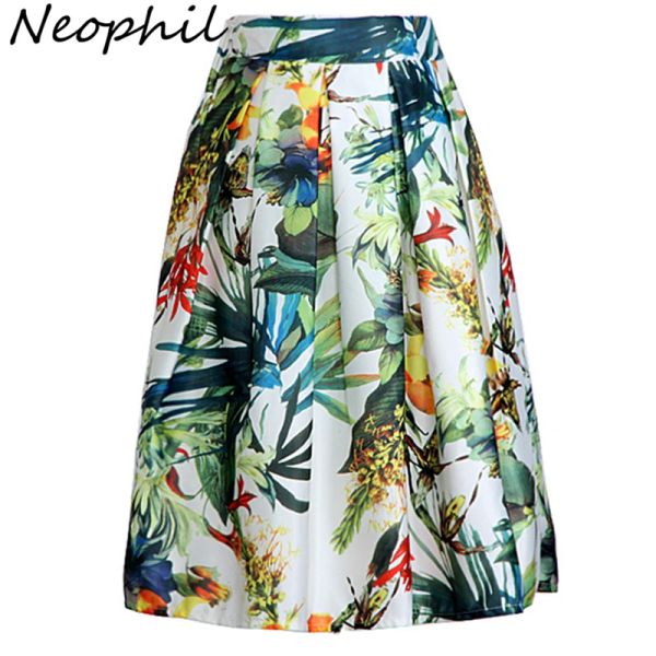 Kleider Neophil 2023 Mode Hot Tropical Blumendruck Hohe Taille Flauschige Plissee Saias Flare Satin Tutu Midi Skater Röcke Damen S07047