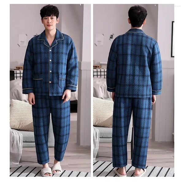 Indumenti da notte da uomo Air Plaid trapuntato in cotone maschile per Hombre Pigiama Pijama Homme Bottoni morbidi Autunno Pigiama Set Uomo Addensare Inverno caldo