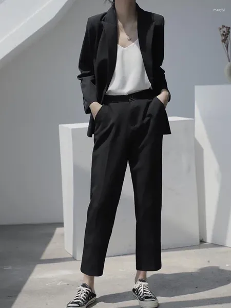 Pantaloni a due pezzi da donna Lnsozkdg 2024 Abito da donna nero da ufficio Abito pantalone a due pezzi Elegante blazer femminile Set Giacca allentata casual Abiti da lavoro