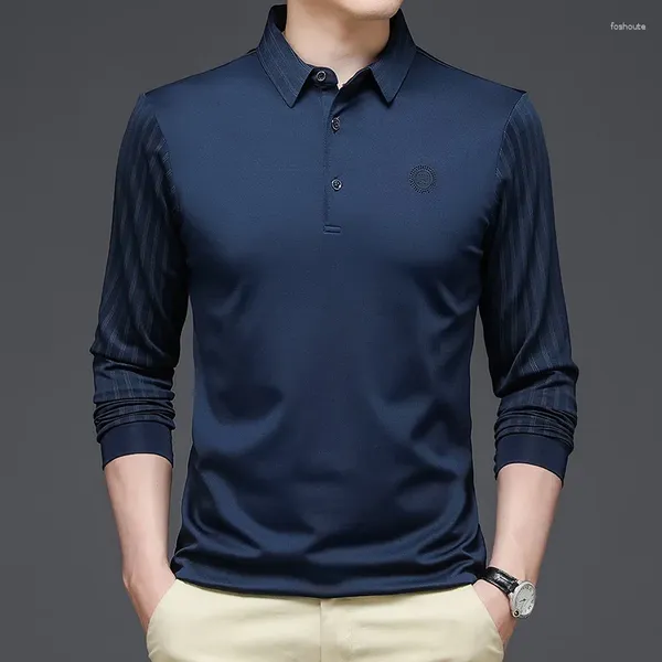 Polos masculinos primavera outono elegante moda harajuku fino ajuste ropa hombre solto casual todos os jogos t-shirts botão sólido manga longa camisa polo