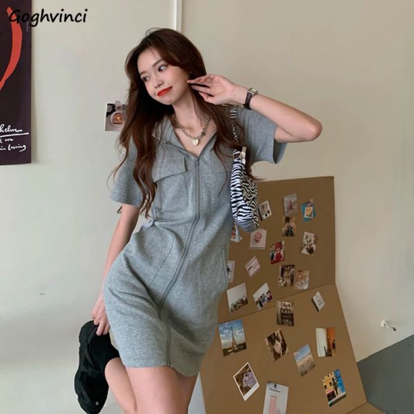 Abito Abito a maniche corte Donna Tasca con cerniera Con cappuccio Abiti eleganti solidi Stile coreano Streetwear Ragazze Allentato Moda casual Ulzzang