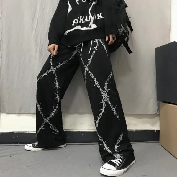 Pants Houzhou Harajuku Street Giyim Grunge Geniş Bacak Pantolon Kadın Büyük Boy Hippi Desen Pantolonları Kadın Joggers Swearpants Bol Retro