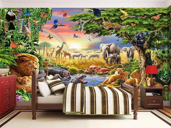 Personalizado po mural não tecido papel de parede 3d dos desenhos animados pastagem animal leão zebra crianças quarto decoração casa pintura 1776360