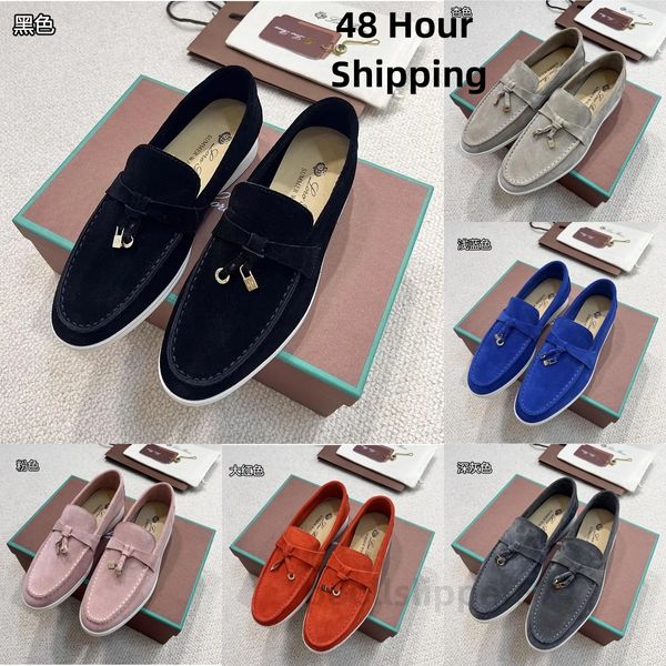 Tasarımcı Loro Piyano Loafers Erkekler Düz Düşük Üst Süet İnek Deri Oxfords Moccasins Yaz Yürüyüş Konfor Loafer Slip Üzerinde Loafer Kauçuk Kısa Daireler Siyah Kahverengi Mavi Kırmızı