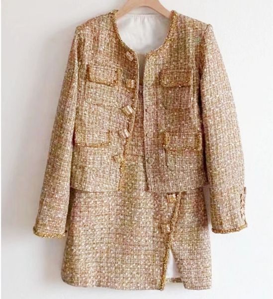 AW Chegam Mulheres Conjuntos de Duas Peças Camelo Tweed Dourado Em Torno Do Pescoço Casaco Deslizamento Mini Vestido Com Lantejoulas E Diamantes 240223