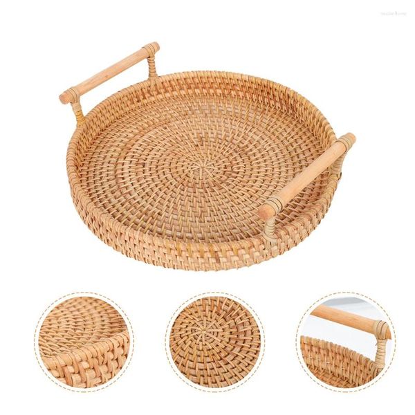 Conjuntos de louça Rattan Bandeja Redonda Cesta Banheiro Decore Servindo com Bandejas de Alças para Mesa de Café Vime