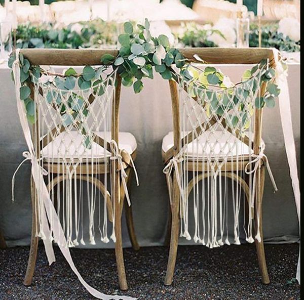 Decorazione per sedia da matrimonio in macramè Cordoncino di cotone intrecciato fatto a mano Sedia bohémien per sposa e sposo Appendiabiti per schienale Macrame da appendere a parete decorativo8660172