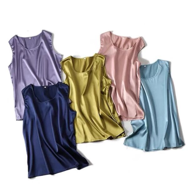 Tops Plus Größe Satin Büro Schwarz Frauen Tunika Elegante Shirts 2024 Sommer Chiffon ONeck Seide Sling Weste frauen eis seide Blusen Tops